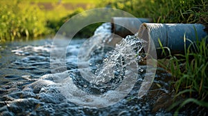 Close-up view of a small plastic sewer which is buried under drizzle for drainage in rural canals.