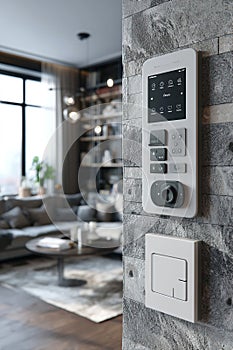 Close up view of smart home technology control panel and switch in modern interior design setting