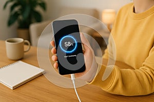 Person holding smartphone while fast charging at desk