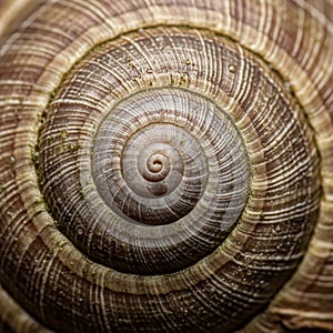 Close-up view of a snail shell displaying a beautiful natural spiral pattern. The shell