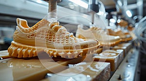 Close-up view of sneaker production line in factory