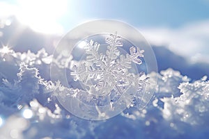 Close-up view of a snowflake on snow with blurred winter natural background