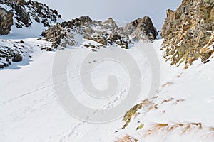 Close-up. View of a snowy couloir between sharp rocks.