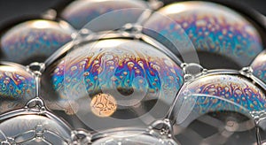 A close-up view of soap bubbles displaying a mesmerizing pattern of iridescent