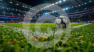 Close-up view of a soccer ball on a field with stadium lights and fans in the background in offenbach, germany