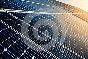 Close-up view of a solar panel with the warm glow of a sunset in the background, surface and the energy-efficient technology photo