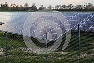 Close up view at solar panels in a renewable energy park