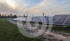 Close up view at solar panels in a renewable energy park