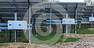 Close up view at solar panels in a renewable energy park