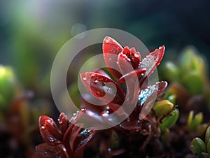 Close-up view of some red plants, with droplets of water on their leaves. These droplets are located near center of