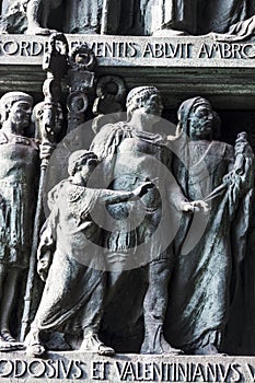 Bronze sculptures on the door of Milan`s Cathedral Italy