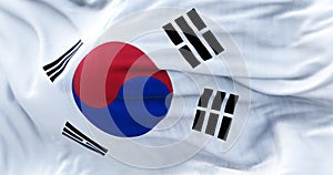 Close-up view of the South Korea national flag waving in the wind