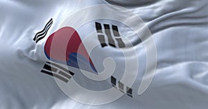 Close-up view of the South Korea national flag waving in the wind