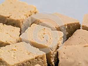 Close up view of soy cheese tofu diced