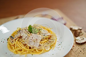 Close-up view of spaghetti carbonara lunch dinner meal