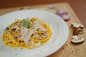 Close-up view of spaghetti carbonara lunch dinner meal