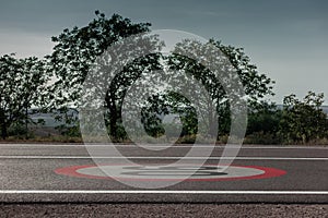 Close-up view of speed limit sign with 90 km per hour, painted on asphalting road. Background of trees and sky.