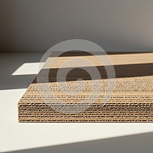 A close-up view of a stack of corrugated cardboard sheets. The sheets display a