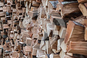 Close up view of a stack of firewood. Chopped logs ready for winter. Background texture.