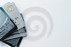 Close-up view of a stack of modern credit cards, on white background with copy-space