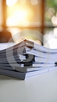 Close up view of a stack of white paper documents held together with binder clips on a table