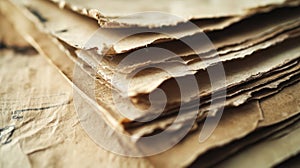 Close-Up View of Stacked Aged Brown Papers with Textured Surface