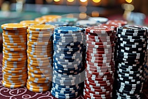 Close-up view stacks of colorful game chips