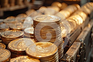 Close-up view stacks of gold coins