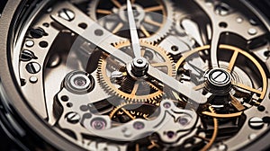 Close-up view of stainless steel watch mechanism