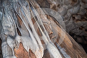 Close up view of stalactite in Inkaya cave. Izmir, Turkey