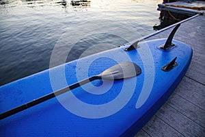 Close up view of a stand up paddle sitting on the edge of the lake