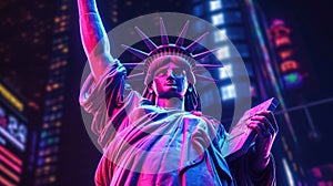 Close up view of Statue of Liberty with a glowing blue and pink neon light at
