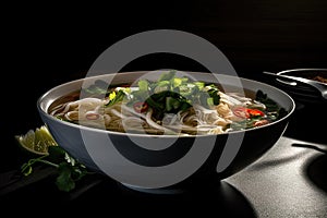 close-up view of a steaming bowl of Pho soup, a popular Vietnamese noodle soup dish. Generative AI