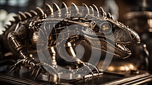 A close up view of a steampunk dinosaur, with iron scales, brass spikes,
