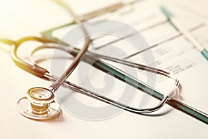 Close-Up View of a Stethoscope on a Medical Chart in Warm Light