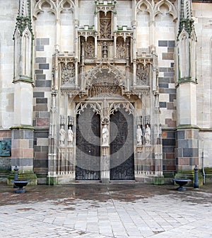 Close up view of stone old historical church facade