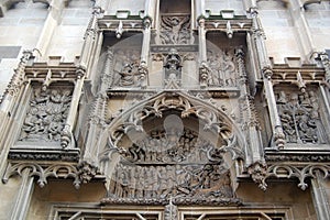 Close up view of stone old historical church facade