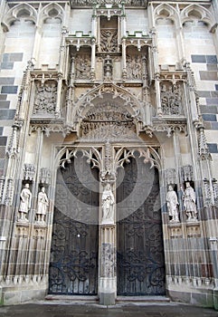 Close up view of stone old historical church facade