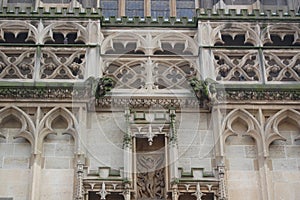 Close up view of stone old historical church facade