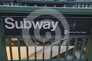 Close up view of subway sign on subway railing. New York city,