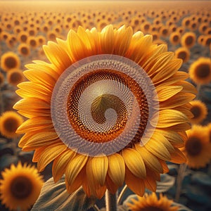 Close-up view of a sunflower head, with a field of sunflowers in background