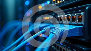 Close up view of an IT support specialist working in a server room surrounded various networking equipment