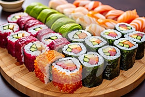 Close-up view of sushi rolls on a bamboo platter. Generative AI.