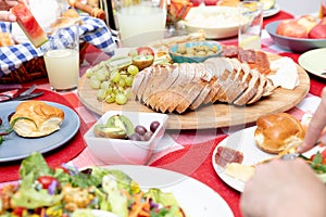 Close up view of a table set during a family lunch in the garden