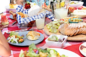 Close up view of a table set during a family lunch in the garden