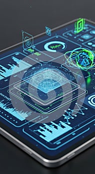 Futuristic Tablet Interface with Data Visualization