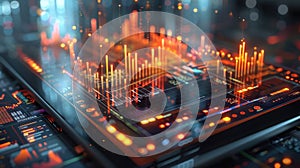 Close-up view of a tablet displaying sophisticated data analytics, with dynamic graphs and digital maps, indicative of high-tech