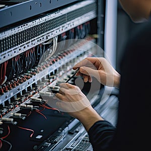 close up view of technician working with cables in network server room, IT Engineer hands close up shot installing fiber cable, Ai