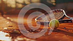 Close Up View Of A Tennis Racket And Ball On Clay Court, Capturing The Texture Of The Red Clay