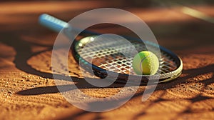 Close Up View Of A Tennis Racket And Ball On Clay Court, Capturing The Texture Of The Red Clay